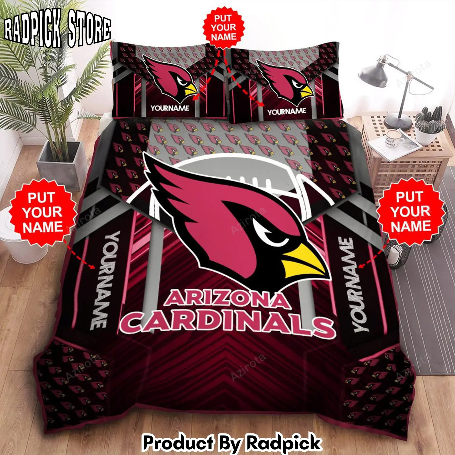 Radpick arizona cardinals custom name black red bedding set rp3278692
